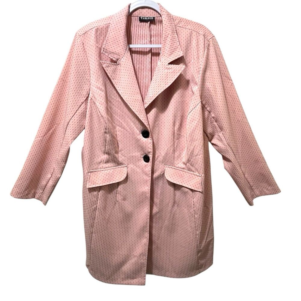 VTG 90s Duster Coat Womens XL Pink Polka Dot Longline Blazer Jacket Tabloid